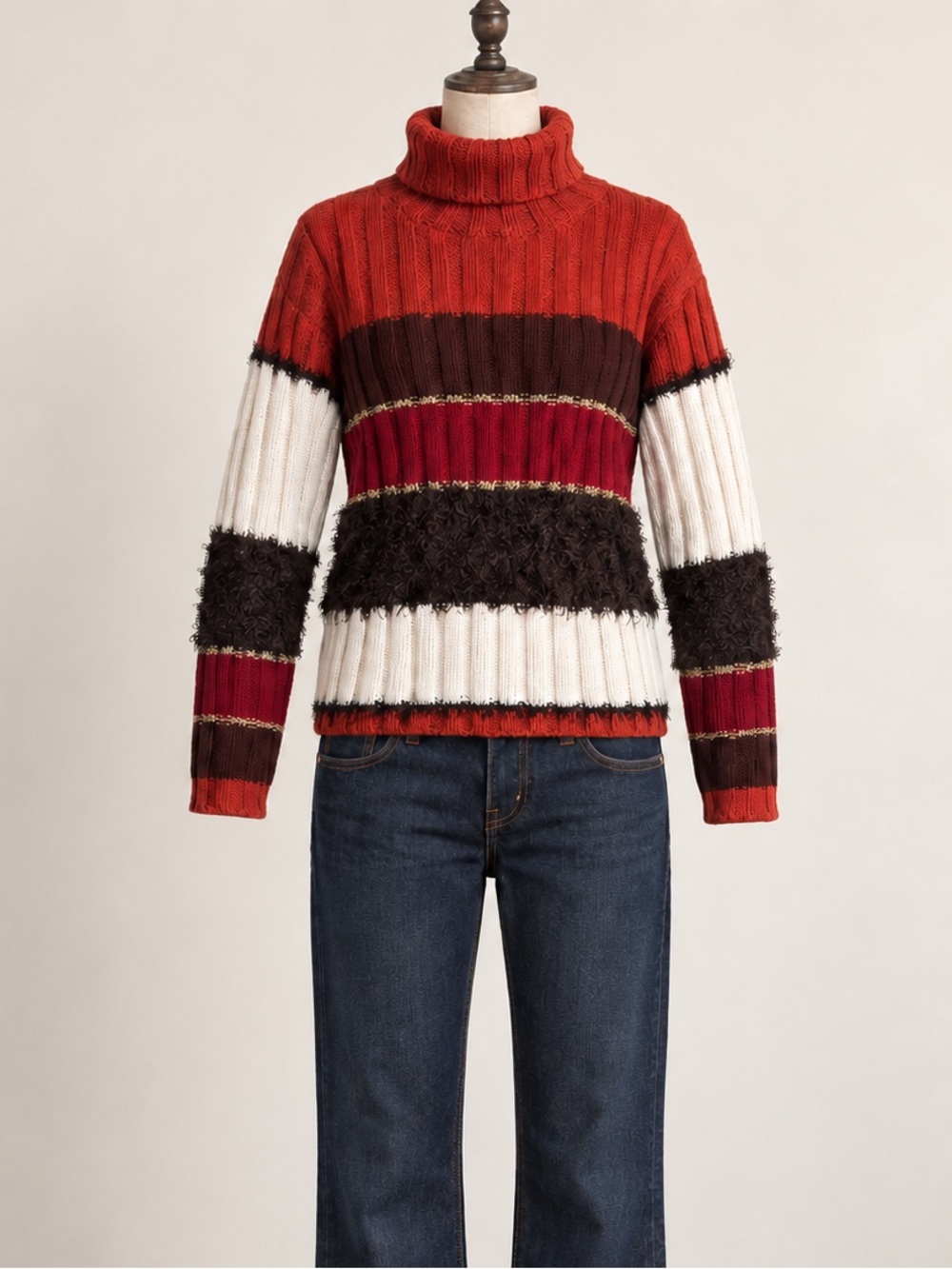 Vintage Miss Sixty Red, Orange, White & Brown Knit Turtleneck Sweater